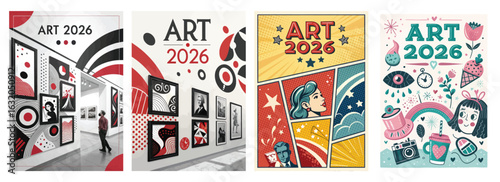 Set of four posters featuring diverse artistic styles and bold colors
