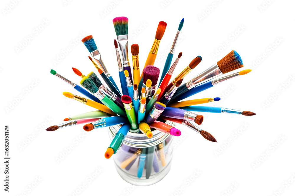 Fototapeta premium Assorted paint brushes in a jar isolated on transparent background
