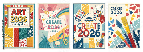 Set of four posters featuring vibrant geometric designs and art supplies