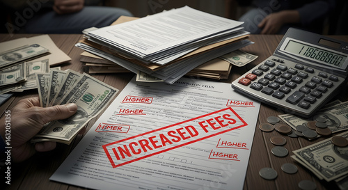 A person stressed by increased fees counts cash to pay bills at a messy desk