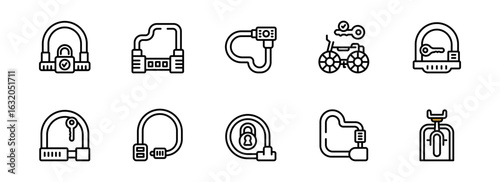 Collection of Ten Modern Bicycle Lock Icons:  U-Locks, Cable Locks, and Key Illustrations in a Minimalist Black and White Line Art Style for Security and Safety Concepts.