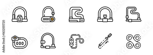 Collection of Ten Modern Line Icons: Bicycle and Motorcycle Locks, Security Devices, Safety Equipment, Minimalist Style, Black and White Vector Graphics.