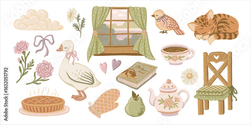 Hand drawn cottage summer set with cute vector element like cat goose and flower. Vintage cozy doodle illustration perfect for card lifestyle design web decor and countryside holiday inspired themes.