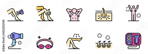 Colorful Vector Icons: Laser Hair Removal, Skin Treatments, and Beauty Procedures for Legs and Body.