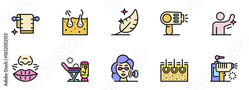 Vibrant Colorful Icons:  Cosmetology, Skincare, Hair Removal, and Beauty Treatments;  Flat Design Style, Positive Mood.
