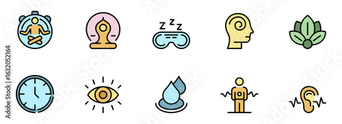 Modern Wellness Icons:  A Colorful Set of Flat-Style Illustrations Depicting Mindfulness, Sleep, Meditation, Time Management, and Sensory Awareness for Holistic Health and Wellbeing Applications.