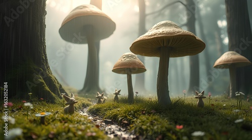 Magical Mushroom Forest: Explore a whimsical forest floor, where oversized mushrooms create a surreal landscape, as soft sunlight filters through the trees, as little animals play.