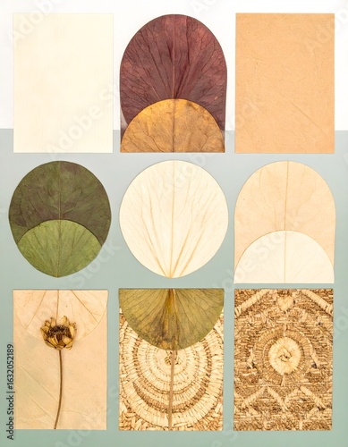 Collage of Dried Leaves and Handmade Paper Shapes for Mock up, Graphic Design, Interior Styling, and Background Use