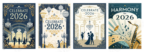 Set of four posters vintage-style dancing couples and musical instruments