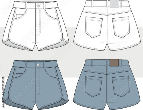 Women and teen girl denim jean mini SHORT SET VECTOR SKETCH. Fashion flats, illustration template. front and back view, cad mockup.