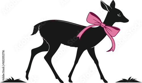 Black silhouette of a fawn with a pink bow deer