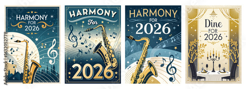 Set of four posters featuring art deco saxophones and musical themes