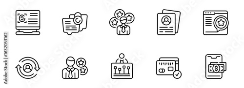Modern Line Icons:  Business, Finance, and Customer Review;  Professional, Clean Style;  Positive and Trustworthy Mood;  Suitable for Website, App, and Marketing Materials.