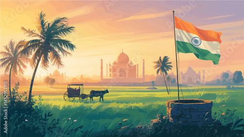 Indian Flag Waving Proudly Against a Vibrant Sunset Backdrop. Palm Trees and a Distant Monument Create a Picturesque Scene.