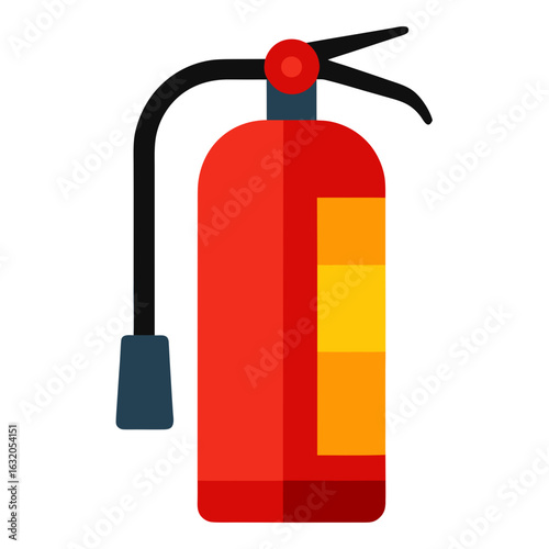 Red fire extinguisher with yellow and orange label