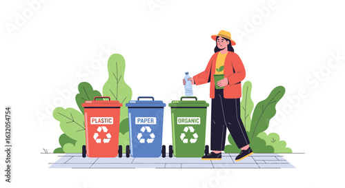Woman diligently sorts waste into recycling bins promoting eco-friendly habits and sustainability