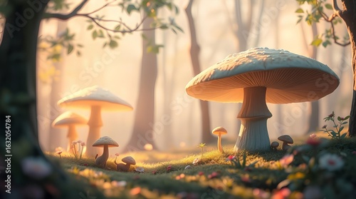 Enchanted Forest Mushroom: A mystical mushroom in an ethereal forest, the scene is bathed in soft, diffused light, evoking a sense of fantasy and wonder.