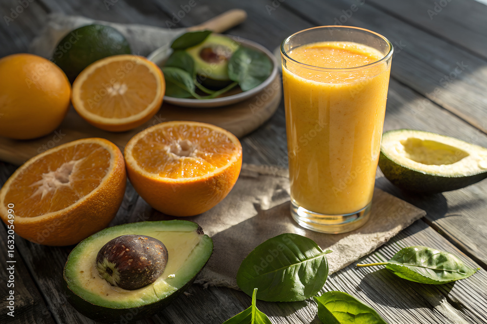 Fototapeta premium Fresh Fruit Juice Serving with Avocado and Orange Slices