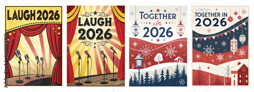 Set of four posters featuring vibrant event promotions for 2026