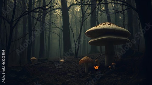 Mystical Forest Mushroom: An ethereal forest scene unveils with giant mushrooms casting an eerie glow amidst the darkness, inviting exploration into a world of enchanting mystery.