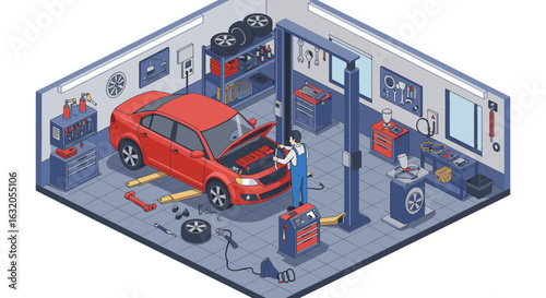 Mechanic in modern isometric garage working on red car repair and maintenance