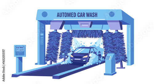 Automated car wash: blue tones and foam detailing in flat design