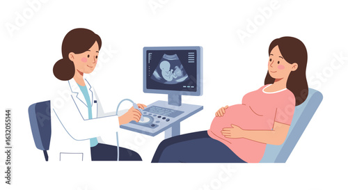 Pregnant woman receiving ultrasound examination from doctor in clinic setting