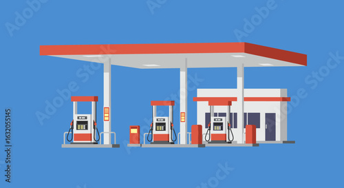Modern flat design gas station with pumps and convenience store on blue background