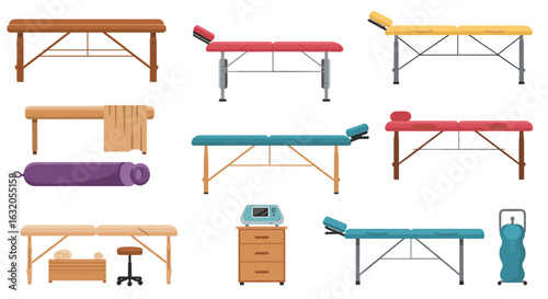 Diverse massage therapy equipment for wellness and relaxation concepts