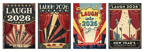 Set of four posters featuring vintage comedy event designs
