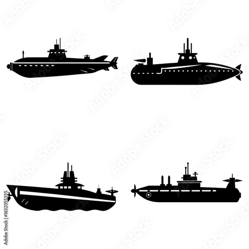 Illustration of four different submarine designs in black silhouette on a white background display