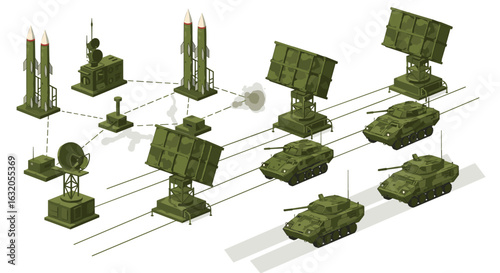 Military defense system isometric illustration featuring tanks and missile launchers