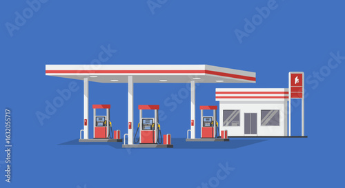 Modern flat gas station with red and white pumps on blue background