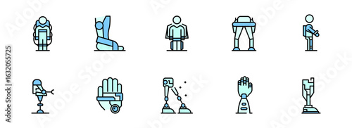 Collection of Modern Robotic Exoskeleton and Prosthetic Icons: Futuristic, Minimalist Line Art Style, Light Blue and Teal Color Palette, Technology and Healthcare Concept.