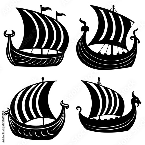 Four black viking ships with striped sails and decorative prows on a white background in a vector image