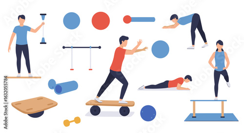 Diverse fitness equipment and workout poses for balanced exercise routine