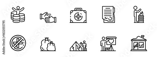 Collection of ten minimalist line icons depicting diverse concepts: finance, healthcare, contracts, disaster relief, environmental issues, and community support.