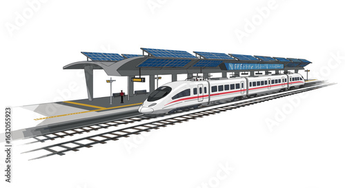 Futuristic solar powered train station with modern high-speed train