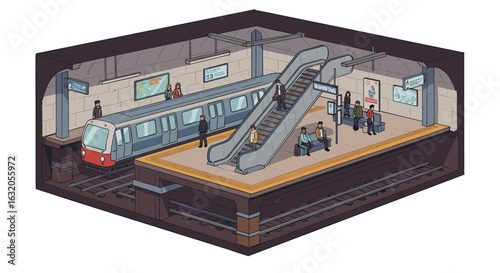 Detailed isometric underground subway with passengers and escalators