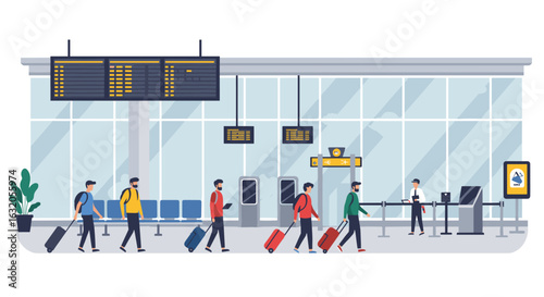 Travelers with luggage at modern airport terminal check-in counter
