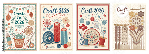 Set of four posters celebrating Craft 2026 with vintage sewing elements