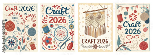 Set of four posters with vibrant vintage craft illustrations and tools