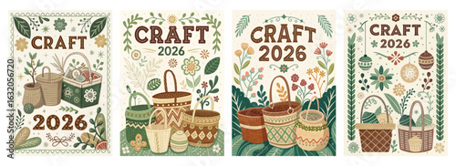 Set of four posters featuring woven baskets with floral motifs 2026