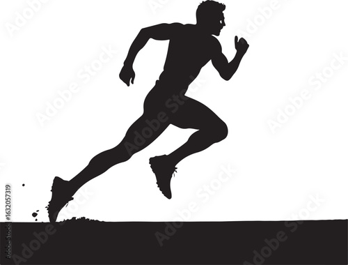Black silhouette of a male runner in motion kicking up dirt running white