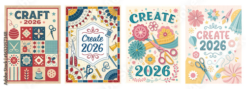 Set of four posters featuring colorful craft patterns and tools