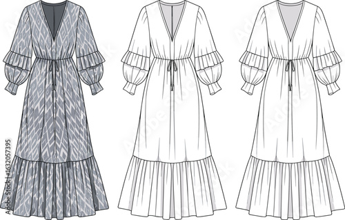Boho tiered maxi dress fashion sketch, flounce sleeve, drawstring waist, V-neckline, technical flat, vector template, garment design
