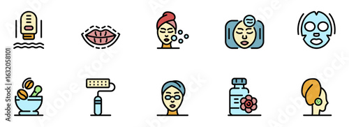 Vibrant Colorful Icons: Skincare Routine, Beauty Treatments, Facial Masks, Natural Ingredients, and Cosmetic Products for Wellness and Self-Care.