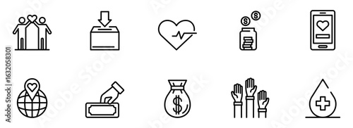 Collection of Minimalist Line Icons: Charity, Donation, Healthcare, and Global Giving;  Modern, Clean Style; Positive and Hopeful Mood.