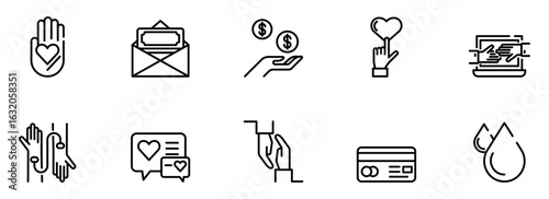 Modern Line Art Icons: Charity, Donation, Giving, Support, and Online Transactions;  Positive, Minimalist Style.