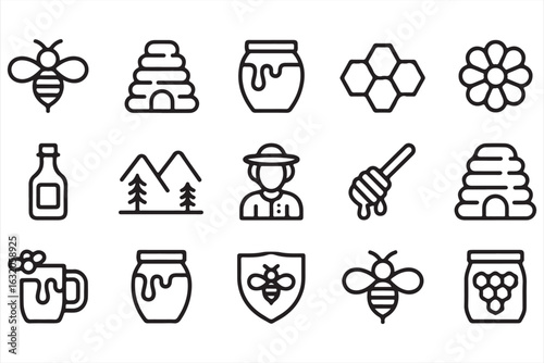 Set of honey and bee icons for agricultural, eco-friendly designs